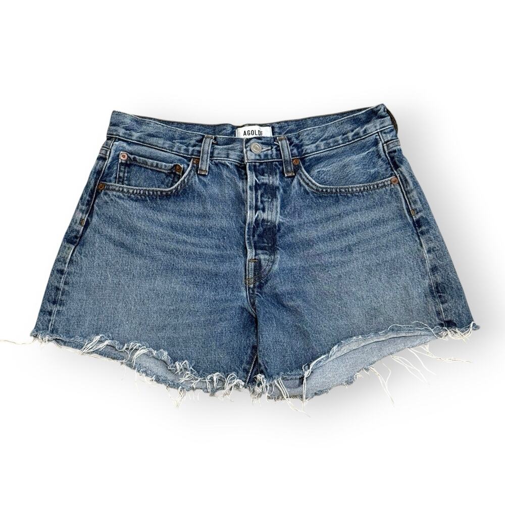 AGOLDE Parker Long High Rise Cut-Off Denim Shorts Womens 27 Blue Button-Fly